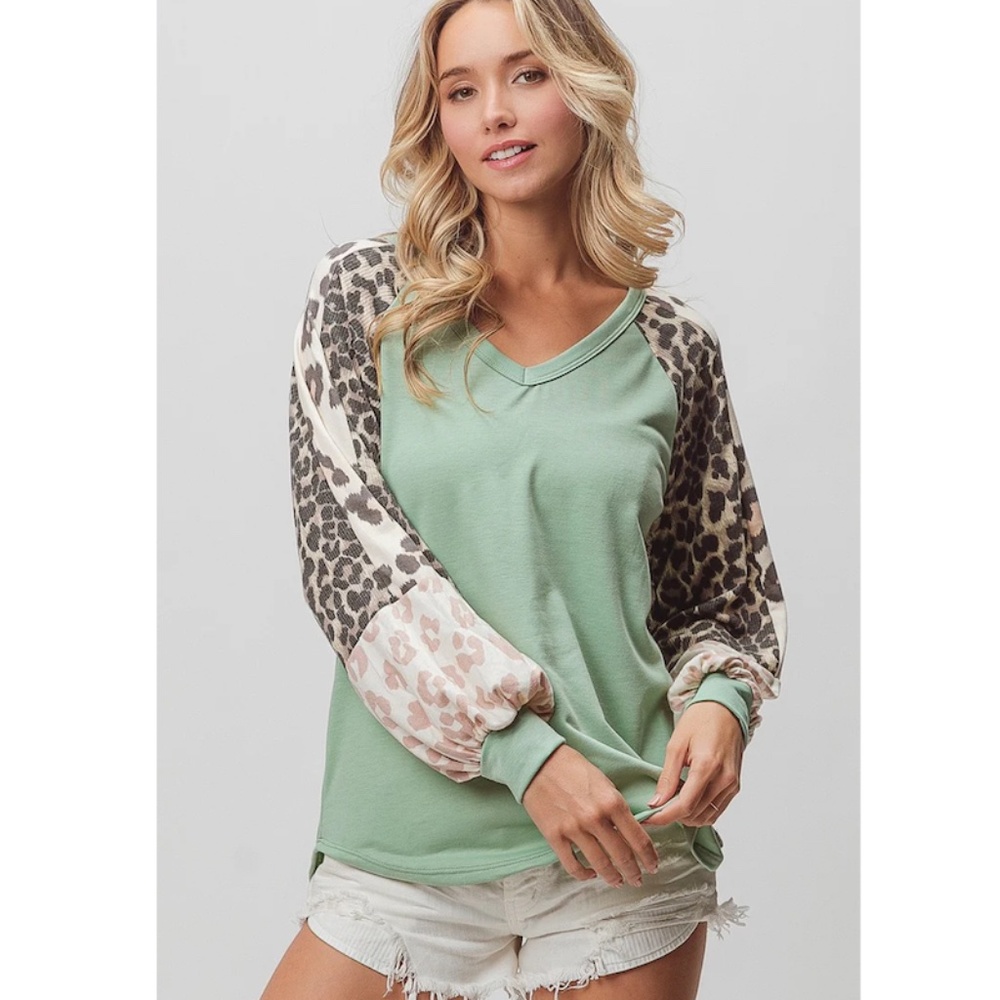 Bibi Sage Leopard Print Color Block Sleeve Top - Picture 2 of 3